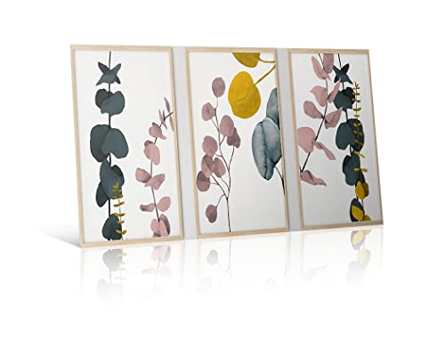 ZSDWGL Wanddeko Eukalyptus Abstraktes Senfgelb Rosa Grün Leinwand Wand Bilder – Botanische Wanddrucke Pflanze Minimalistische Wand Bilder Wohnkultur 3er Set 50x70cm x3 Rahmenlos von ZSDWGL