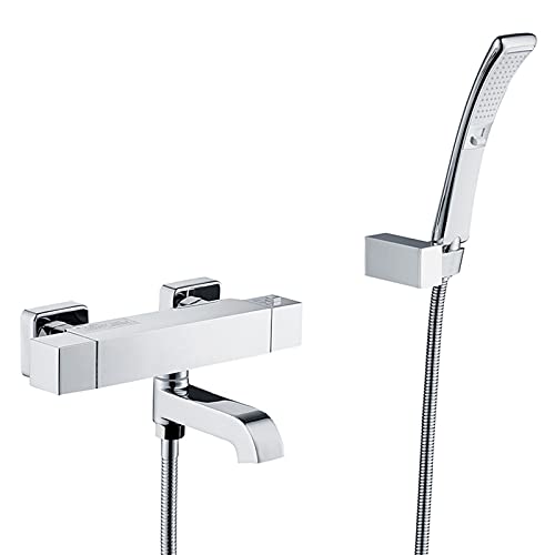 ZSJSM Badewanne Wasserhahn, Kupferquadrat-Duschhahn, Doppelgriff thermostatischer Wannenfüller, wandmontierter Badezimmermischhahn, Mixing-Ventil-Duschset, Spiegelplattation, A (Farbe: B) von ZSJSM
