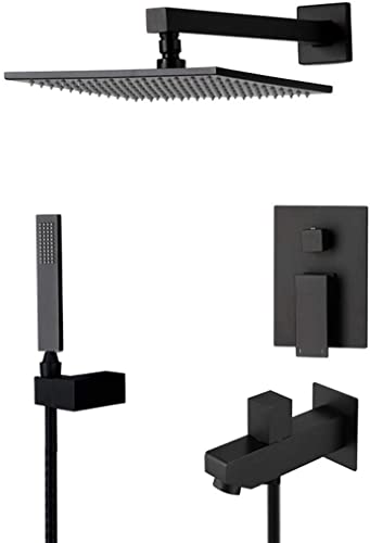ZSJSM Duschsystem, wandmontierte Messing Schwarzes Badezimmer-Duschhahnsystem mit 8-12 "Quadratmessing Duschkopf und Handheld Dusch und Badewanne, Luxus-Duschset (10 Zoll) von ZSJSM