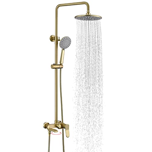 ZSJSM Duschsystem mit Badewanne Ausstrich, Wandmontage Duschhahn für Badezimmer, 3-funktionsübergreifende Duschmischer-Hahn mit Regenkopf und Handheld Spray (gebürstetes Gold) von ZSJSM
