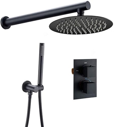 ZSJSM Messing Badezimmer Duschset Mattes schwarzes Regen Duschhahn Wasserhahn montiertem thermostatisches Ventil Duschsystem 8-12 Zoll Duschkopf, 10 Zoll rundes Ventil Interessantes Leben von ZSJSM