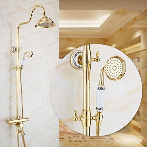 ZSJSM Poliertes goldenes Badezimmer Thermostatischer Duscharmatur in Wandbad Duschmischern mit Handdusche Badewanne 8 Zoll Niederschlag Kopf-1,1-1 (2) von ZSJSM