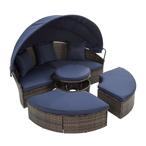 ZSLKDL 4-teiliges Terrassen-Polyethylen-Geflecht-Lounge-Set, rundes Schlafsofa mit Kanopie, gepolstert, verstellbarer Couchtisch von ZSLKDL