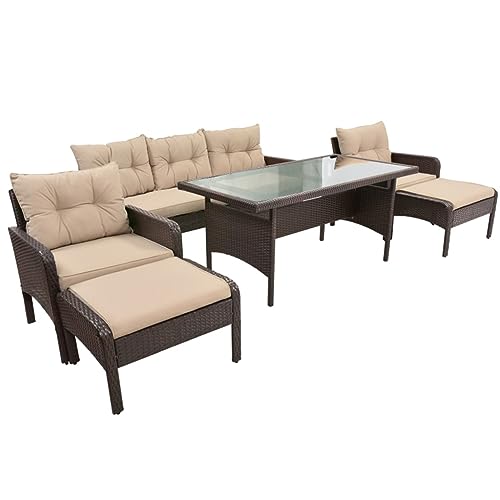 ZSLKDL 6-teiliges Outdoor-Terrassen-Sofa-Set aus Polyethylen-Rattan, Esstisch-Set mit abnehmbaren Kissen und Teetisch aus gehärtetem Glas von ZSLKDL