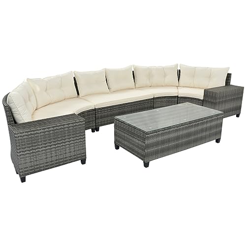 ZSLKDL Beigefarbenes 8-teiliges Outdoor-Sofa-Set aus Korbgeflecht, halbmondförmig, mit rechteckigem Couchtisch von ZSLKDL