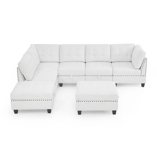 ZSLKDL L-förmiges modulares Sektionalsofa, DIY-Kombination, inklusive drei Einzelstühlen, zwei Ecken und zwei Ottomane, elfenbeinfarbenes Chenille von ZSLKDL