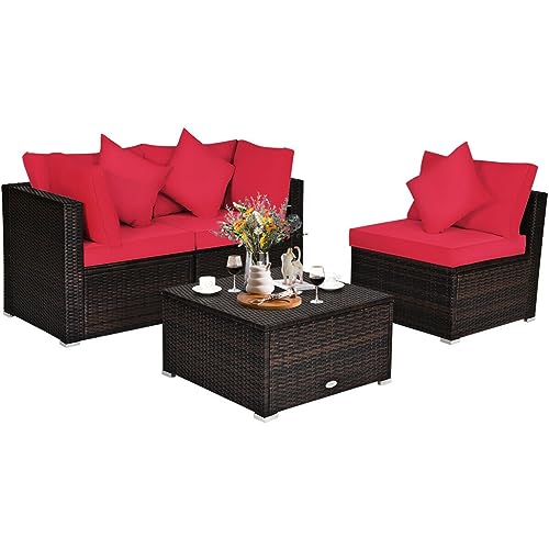 ZSLKDL Rattan-Möbel-Set, 4-teilig, gepolstert, Sofa, Ottomane, Gartendeck, Rot von ZSLKDL