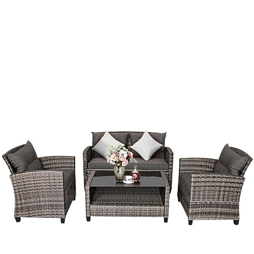 ZSLKDL Rattan-Möbel-Set, Couchtisch, gepolstert, Sofa, Garten, Rasen, Grau, 4-teilig von ZSLKDL