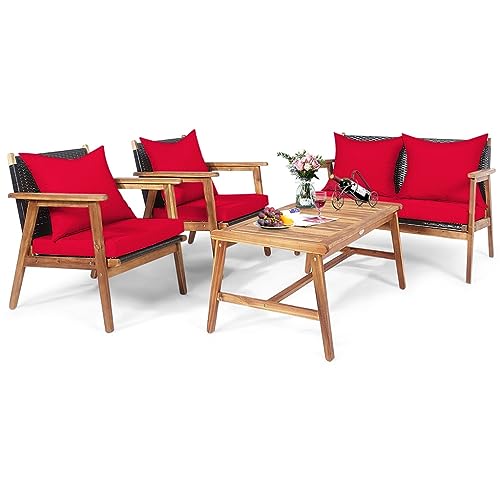ZSLKDL Rattan-Möbel-Set für Terrasse, Akazienholz, gepolstert, Sofa, Stuhl, Rot, 4-teilig von ZSLKDL