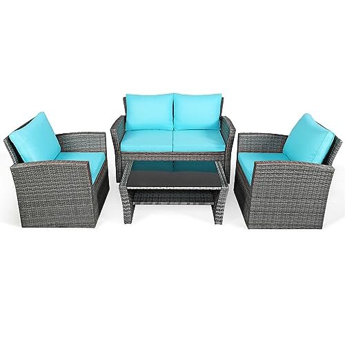 ZSLKDL Rattan-Möbel-Set für Terrasse, Sofa, Tisch, mit Ablage, Türkis, 4-teilig ZSLKDL Rattan-Möbel-Set für Terrasse, Sofa, Tisch, mit Ablage, Türkis, 4-teilig von ZSLKDL