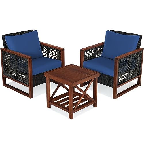 ZSLKDL Rattanmöbel-Set, Holzrahmen, Kissen, Sofa, Regal, Marineblau, 3-teilig von ZSLKDL