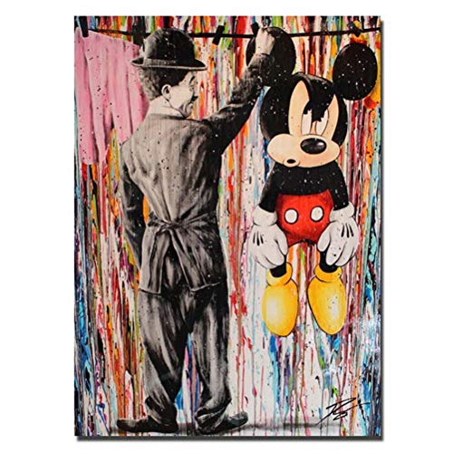 ZSLMX Leinwand Banksy Graffiti-Malerei Moderner bunter Charlie Chaplin mit ikonischen Superman- und Mickey-Maus-Bildern Street Graffiti Art Poster HD Print Wand Wohnkultur, Rahmenlos,Grau,40×60cm von ZSLMX