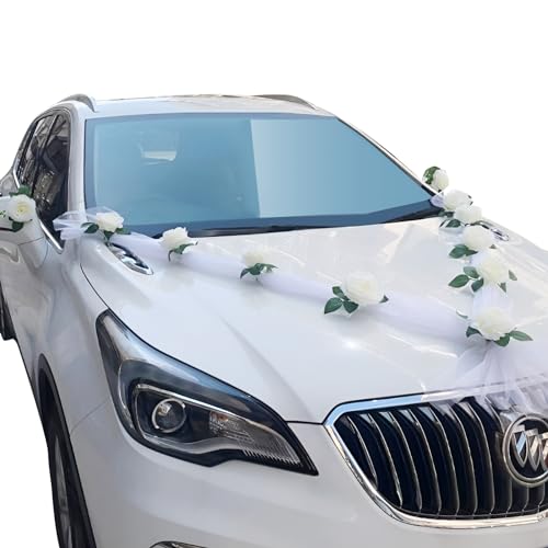 ZSMJAER Autoschmuck, 9 Stück Hochzeitsdeko Auto Blumenschmuck, mit 2 Stück 1.6 m Weiß Gaze Rosendekoration Set mit Saugnäpfen Auto Schmuck Braut Paar Rose Deko Dekoration Car Auto Wedding von ZSMJAER