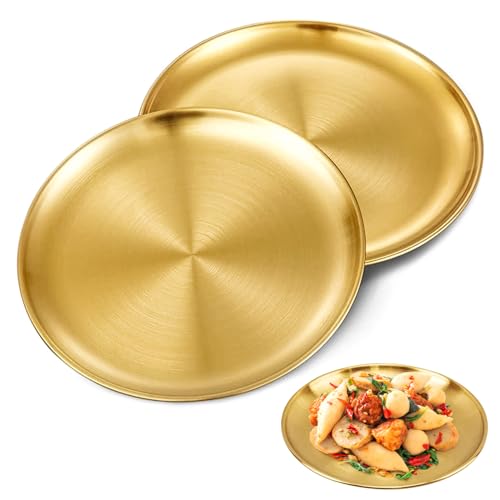 ZSMJAER 2 Stücke Rundes Tablett aus Edelstahl Serviertablett,30cm Restaurant Dekoration Teller Obst Teller Kuchen Teller Display Stand, Verwendung als Obstschale, Schmuckschale, Dessertschale (Gold) von ZSMJAER