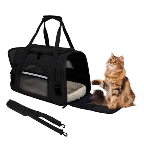 ZSMJAER Transporttasche für Haustiere+ Fleecematte, Transporttasche für Katzen und Kleinere Hunde bis 10 kg, Katzentransport-Tasche, Tasche für Welpen, Reisetasche für Auto, Flieger und Zug (Schwarz) von ZSMJAER