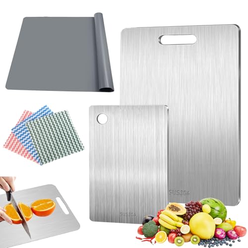 2er SetTitan Schneidebrett - 304 Edelstahl,Doppelseitiges Titan Schneidebrett,Korallenvliestuch,Ideal für Fleisch,Obst & Gemüse,Küchenzubehör von ZSOPN