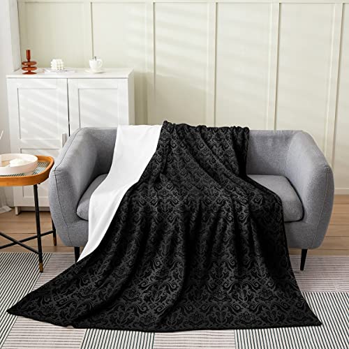 ZSOSIXDEAL Boho-Damast-Überwurfdecke, Barock-Stil, Ornament, Flanell-Fleecedecke, europäisches Muster, dekorative Plüschdecke für Kinder und Erwachsene, schwarz-grau, flauschige Decke, Doppelbett, 127 von ZSOSIXDEAL