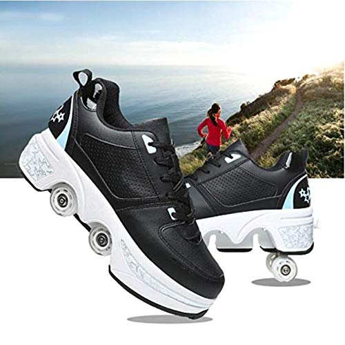 Rollschuh Roller Skates Lauflernschuhe, Sneakers, 2 In 1 Mehrzweckschuhe Schuhe Mit Rollen Skateboardschuhe,Inline-Skate,Verstellbare Quad-Rollschuh Stiefel,Black-EUR39 von ZSPSHOP