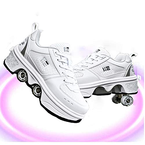 Rollschuh Roller Skates Lauflernschuhe, Sneakers, 2 In 1 Mehrzweckschuhe Schuhe Mit Rollen Skateboardschuhe,Inline-Skate,Verstellbare Quad-Rollschuh Stiefel,White-EUR37 von ZSPSHOP