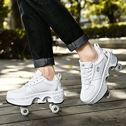 Rollschuhe Mädchen,Quad Roller Skates Damen Skate Roller ，2-in-1- Skate Schuhe Sportschuhe Multifunktionale Deformation Schuhe Für Mädchen Unsichtbare Schuhe Fersenroller Kinder,White-EUR35 von ZSPSHOP