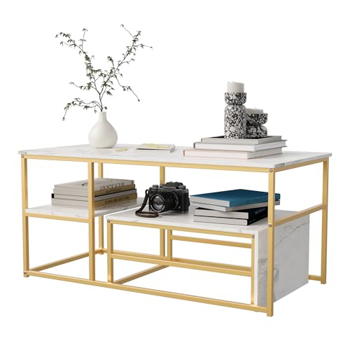 ZSSWSS 2 Stück Couchtisch, Mitteltisch, Marmoroptik, quadratischer Tisch, doppelter Stauraum, Wohnzimmertisch, Beistelltisch, ideal für Wohnzimmer, Büro (Gold-B, 105 x 52 x 48,5 cm) von ZSSWSS