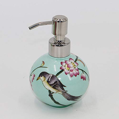 ZSXP Seifenspender,Lotion Pump Flasche 10,6 Unzen Blau Runde Blumen Und Vogel Hand Mading Muster Klassischen Stil Keramik Seifenspender Ornamente Recycelbar Mit Pump Bad Zubehör Für Badezimmer Küche von ZSXP