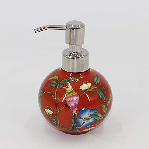ZSXP Seifenspender,Lotion Pump Flasche 10,6 Unzen Rot Runde Blumen Und Vogel Hand Mading Muster Klassischen Stil Keramik Seifenspender Ornamente Recycelbar Mit Pump Bad Zubehör Für Badezimmer Küche von ZSXP
