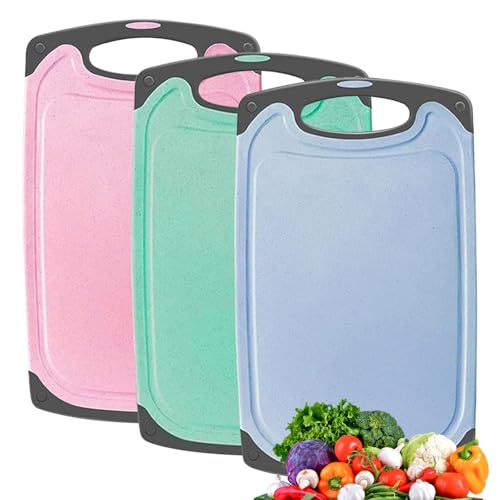 ZTBFHLZQ Schneidebrett Set, 3 Stück Weizenstroh Küche Schneidebretter, Schneidebrett Kunststoff, cutting board, schneidebrett spülmaschinenfest, BPA-frei, Mit Saftschlitz, für Obst, Gemüse,Fleisch usw von ZTBFHLZQ
