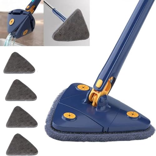Earnmore 360 Grad Dreieckiger Reinigungsmopp, Dreieckiger Teleskop-Mopp Drehbarer Verstellbarer Wischmopp, Multifunktionaler Push-Pull-Automatischer Quetschmopp (blau + 4 Pads) von Earnmore