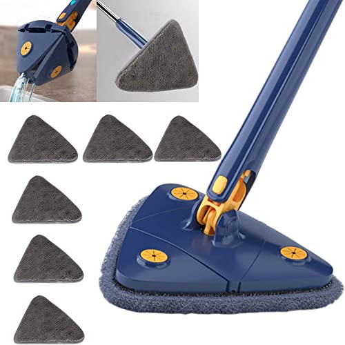 Earnmore 360 Grad Dreieckiger Reinigungsmopp, Dreieckiger Teleskop-Mopp Drehbarer Verstellbarer Wischmopp, Multifunktionaler Push-Pull-Automatischer Quetschmopp (blau + 6 Pads) von Earnmore