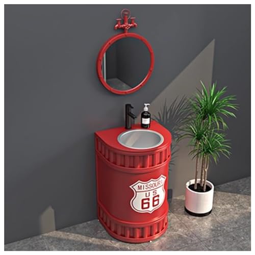 Retro Industrie Stil Freistehendes Waschbecken Standwaschbecken Bodenstehende Waschtisch Waschplatz Badezimmermöbel, Schmiedeeisernes Standsäule Waschbecken Mit Wasserhahn A1,with Mirror von ZTGL