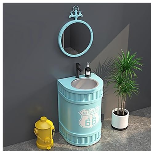 ZTGL Retro Industrie Stil Freistehendes Waschbecken Standwaschbecken Bodenstehende Waschtisch Waschplatz Badezimmermöbel, Schmiedeeisernes Standsäule Waschbecken Mit Wasserhahn A2,with Mirror von ZTGL