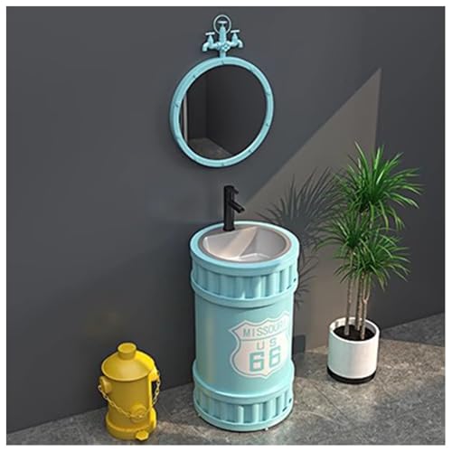 ZTGL Retro Industrie Stil Freistehendes Waschbecken Standwaschbecken Bodenstehende Waschtisch Waschplatz Badezimmermöbel, Schmiedeeisernes Standsäule Waschbecken Mit Wasserhahn B2,with Mirror von ZTGL