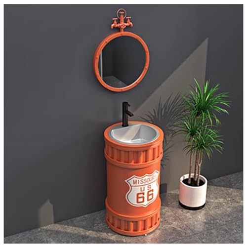 Retro Industrie Stil Freistehendes Waschbecken Standwaschbecken Bodenstehende Waschtisch Waschplatz Badezimmermöbel, Schmiedeeisernes Standsäule Waschbecken Mit Wasserhahn B4,with Mirror von ZTGL