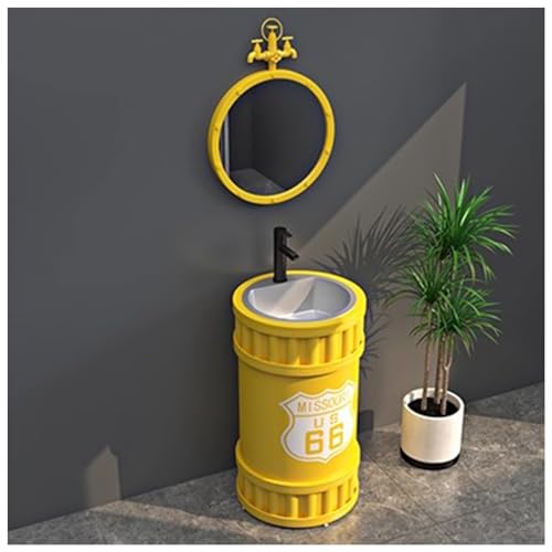 ZTGL Retro Industrie Stil Freistehendes Waschbecken Standwaschbecken Bodenstehende Waschtisch Waschplatz Badezimmermöbel, Schmiedeeisernes Standsäule Waschbecken Mit Wasserhahn B5,with Mirror von ZTGL