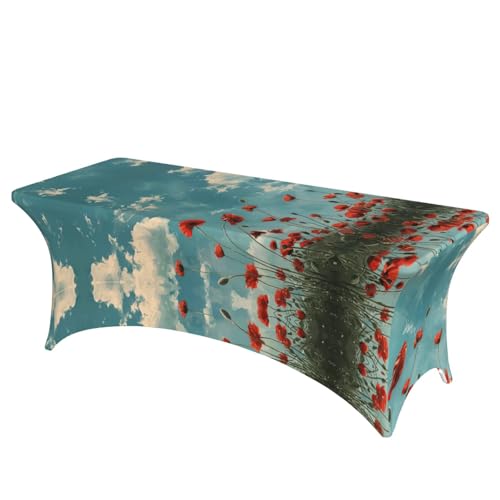ZTPOWQA Große rechteckige Tischdecke mit Mohnblumen auf blauem Himmel, passend für ovale Tische, Tischdecke für Partys und Veranstaltungen von ZTPOWQA