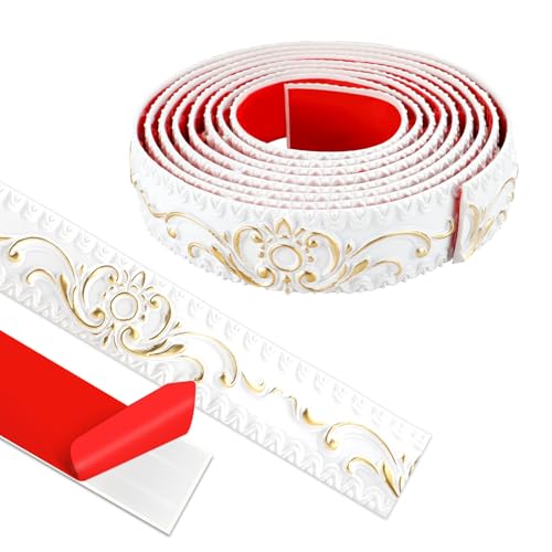 ZTVOWTO Wandleisten Selbstklebend, Deckenleisten Selbstklebend, 3D Deckenleisten Styropor für Spiegelkanten, Möbel, Türrahmen, Decken, Wohndekoration (Weiß mit Gold, 300cm*3.6cm) von ZTVOWTO