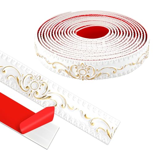 ZTVOWTO Wandleisten Selbstklebend, Deckenleisten Selbstklebend, 3D Deckenleisten Styropor füR Spiegelkanten, MöBel, TüRrahmen, Decken, Wohndekoration (Weiß mit Gold, 500cm*3.6cm) von ZTVOWTO