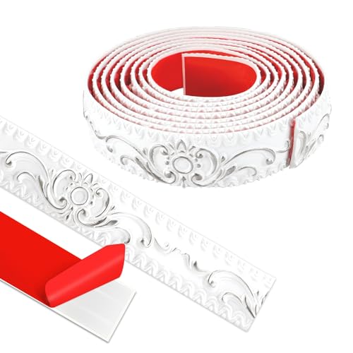 ZTVOWTO Wandleisten Selbstklebend, Deckenleisten Selbstklebend, 3D Deckenleisten Styropor füR Spiegelkanten, MöBel, TüRrahmen, Decken, Wohndekoration (Weiß mit Silber, 300cm*3.6cm) von ZTVOWTO