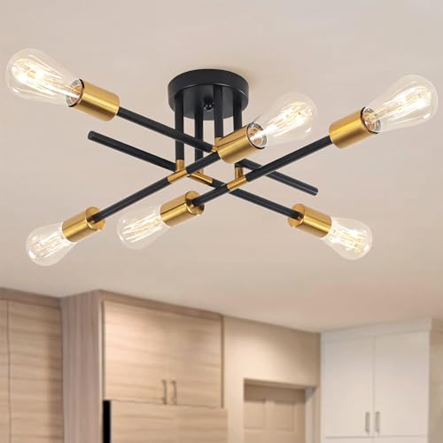 ZTWLEED Deckenleuchte vintage – Vintage-Lampe E27 Retro Kronleuchter mit 6 Glühbirnen,Schwarz-Gold-Deckenleuchte,Vintage-Kronleuchter für Schlafzimmer,Wohnzimmer,Küche,(ohne Glühbirne) von ZTWLEED