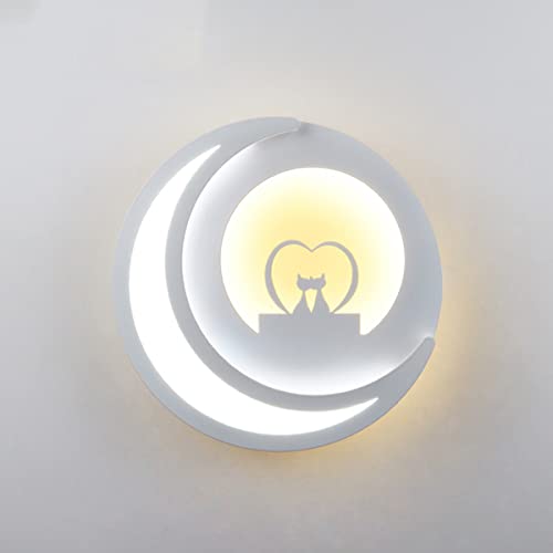 ZTWLEED LED Wandleuchte innen,14W Wandlampe Rund,Wandlampe Weiß Kaltweiß6000K+ Warmweiß3000K,Mond und Katzenmuster Wandleuchte Design für Kinderzimmer Flur 220V RA＞80 1700 Lumen φ22CM von ZTWLEED