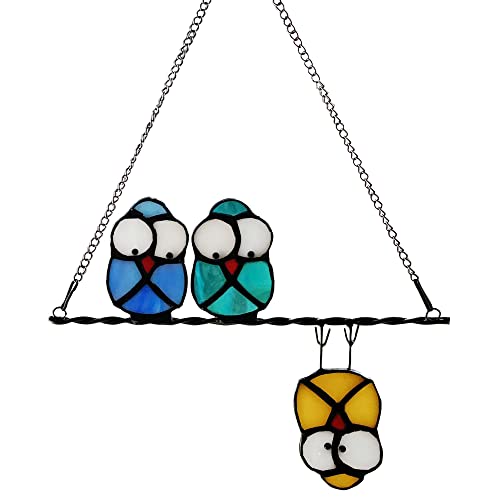 Mehrfarbige Eule auf einem Draht, Buntglas-Fenster, hängende Sonnenfänger, Vogel-Sonnenfänger für Fenster, Paneele, Aufhängung, Sonnenfänger, Ornament, Eule, Geschenk für Eulenliebhaber von ZUAJITER