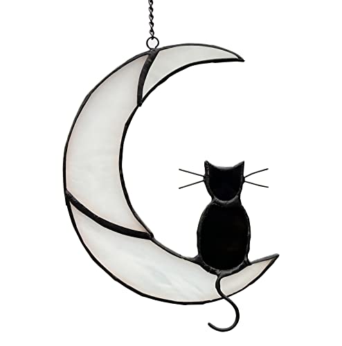 Schwarze Katze Dekor auf weißem Mond Buntglas Fenster hängende Sonnenfänger für Fenster Paneele Sonnenfänger Halloween Ornament Dekoration Gedenkgeschenk für Liebhaber Katze Verlust Schwarze Katze Dekor auf weißem Mond Buntglas Fenster hängende Sonnenfänger für Fenster Paneele Sonnenfänger Halloween Ornament Dekoration Gedenkgeschenk für Liebhaber Katze Verlust von ZUAJITER
