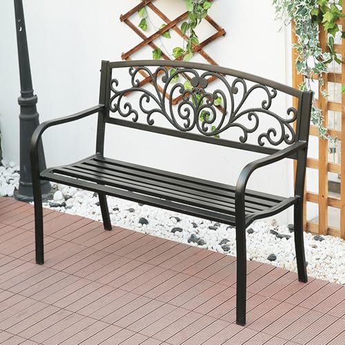 ZUGIATP Parkbank Aus Metall Verandastuhl Mit Rückenlehne Und Armlehnen Mit Blumenmuster Gartenbank Für Den Außenbereich Geeignet Für Terrasse Rasen Balkon Hinterhof(Black A) von ZUGIATP