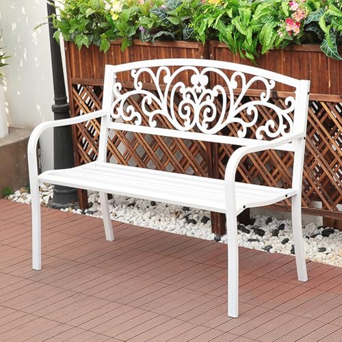 ZUGIATP Parkbank Aus Metall Verandastuhl Mit Rückenlehne Und Armlehnen Mit Blumenmuster Gartenbank Für Den Außenbereich Geeignet Für Terrasse Rasen Balkon Hinterhof(White A) von ZUGIATP