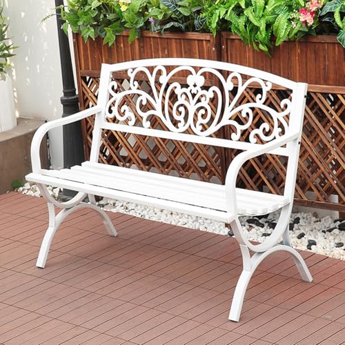 ZUGIATP Parkbank Aus Metall Verandastuhl Mit Rückenlehne Und Armlehnen Mit Blumenmuster Gartenbank Für Den Außenbereich Geeignet Für Terrasse Rasen Balkon Hinterhof(White B) von ZUGIATP
