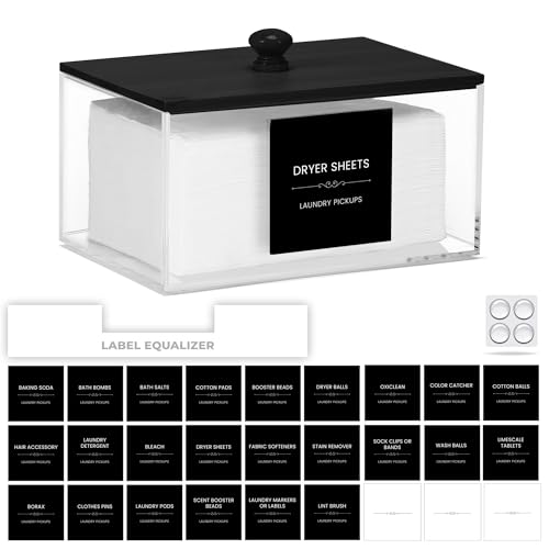 ZUHSAN Trockner-Blatthalter mit 10 zufälligen Etiketten, Acryl-Tücherbox-Halter mit schwarzem Bambusdeckel, Acryl-Behälter, Aufbewahrungsbox für Waschküche, hält Blätter, Bälle (schwarz) von ZUHSAN
