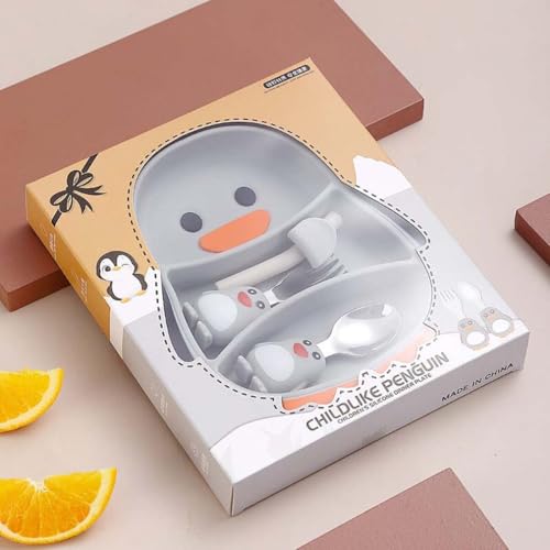 ZUICC Essteller aus Silikon mit Saugnapf für Kleinkinder,Toddler Plates with Suction,Baby Kinderteller aus lebensmittelechten Silikon,Rutschfestem Saugnapf,Lernlöffel für Baby,Baby Teller (Pinguin) von ZUICC