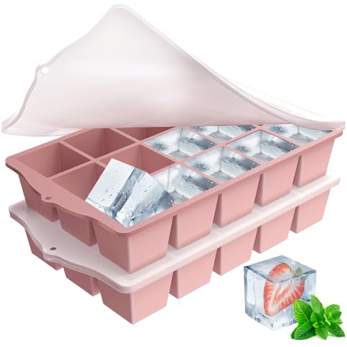 ZUIMENG Eiswürfelform Silikon mit Deckel, Rosa 2 Stück Eiswürfel Form Silikonform BPA Frei, Stapelbar Eiswürfelbehälter Eiswürfelformen für Babybrei Cocktail Whiskey Kaffee Eiscreme von ZUIMENG