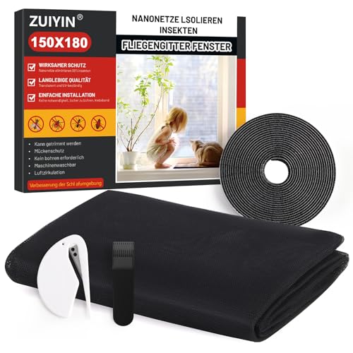 Fliegengitter Fenster Insektenschutz Zuschneidbar 150x180cm 2 Stück - Mückenschutz Ohne Bohren mit Klettband - Fliegennetz & Mückennetz für Fenster von ZUIYIN